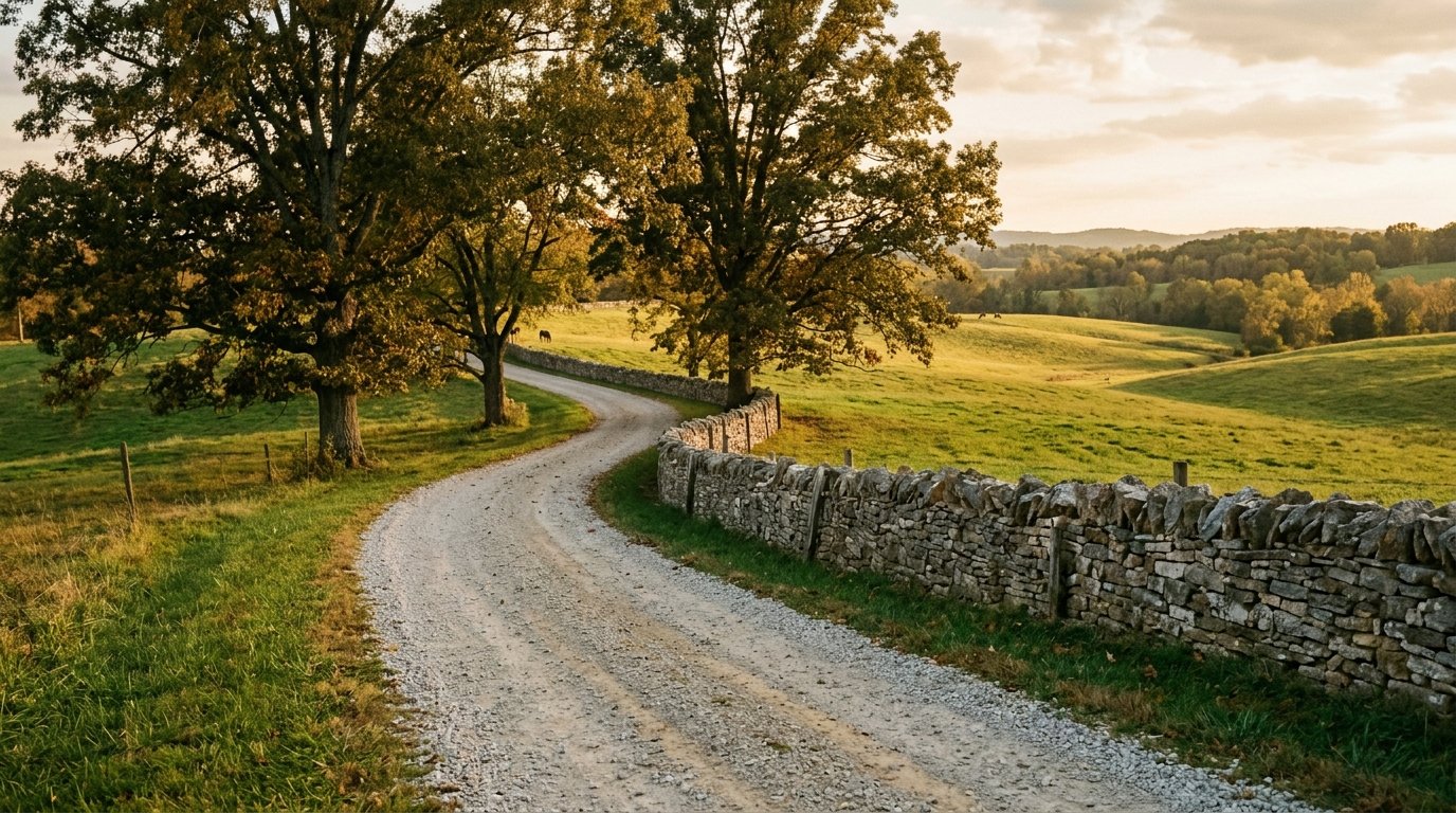 Gravel lane along a limestone rock fence in Central Kentucky pasture