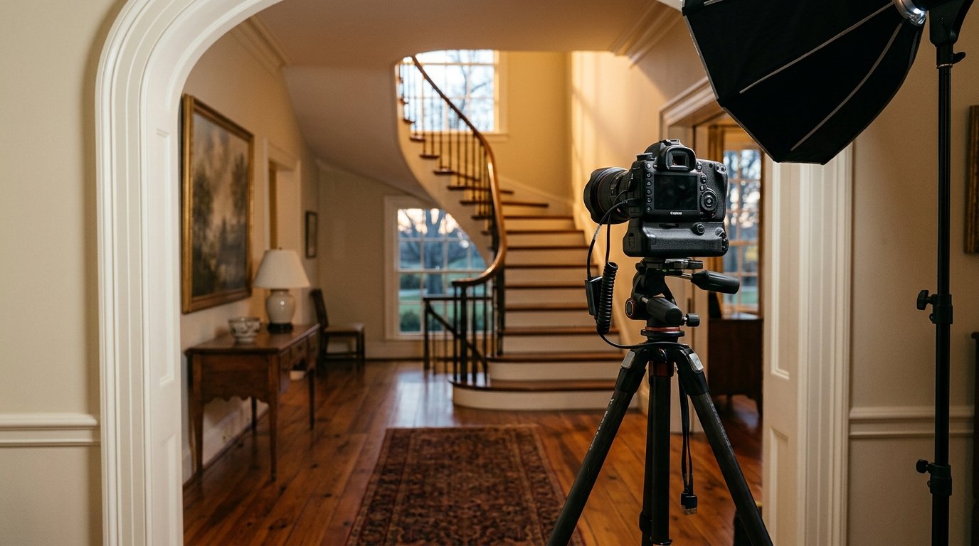 Camera on tripod framing an elegant Kentucky entry hall at dusk