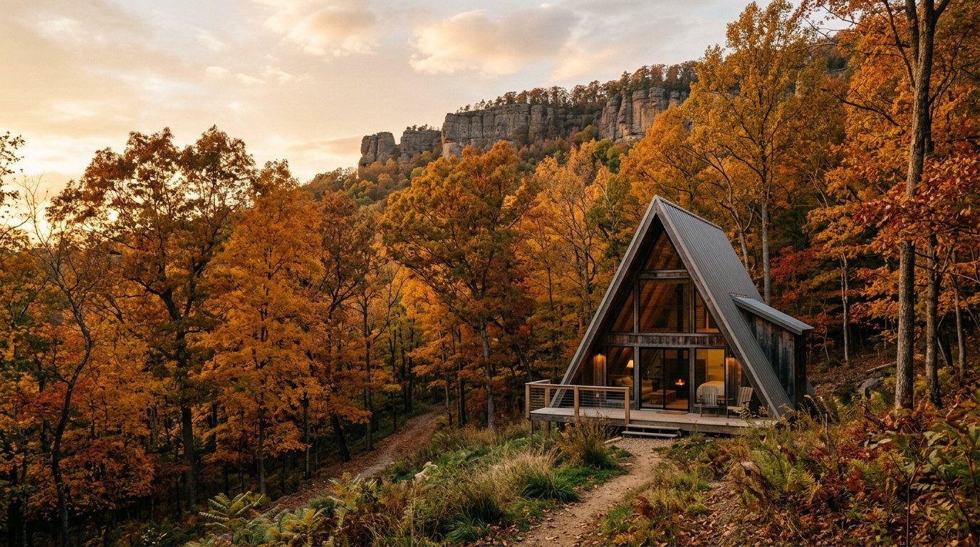 A-frame cabin among autumn Kentucky trees