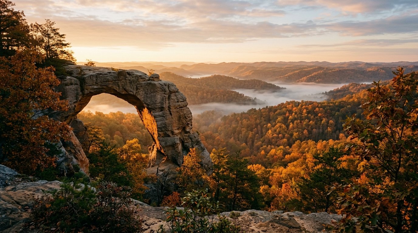 Sandstone arch above fog-filled autumn valley in the Red River Gorge