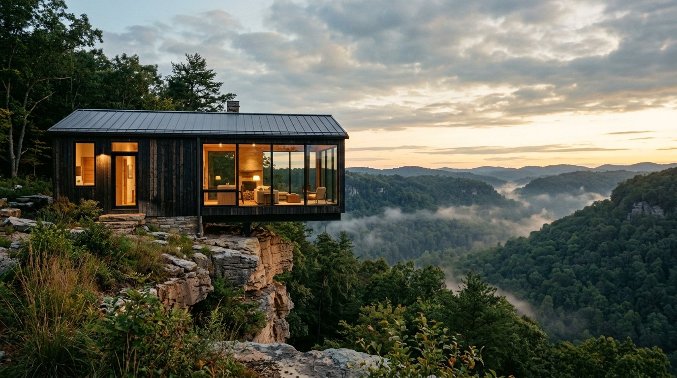 Modern glass-and-timber cabin on a Red River Gorge ridgeline at dusk