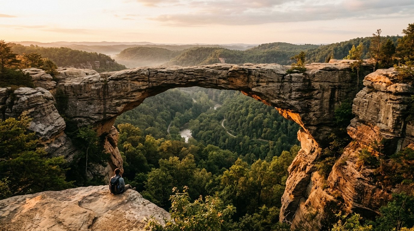 Sandstone arch above forested gorge at sunrise