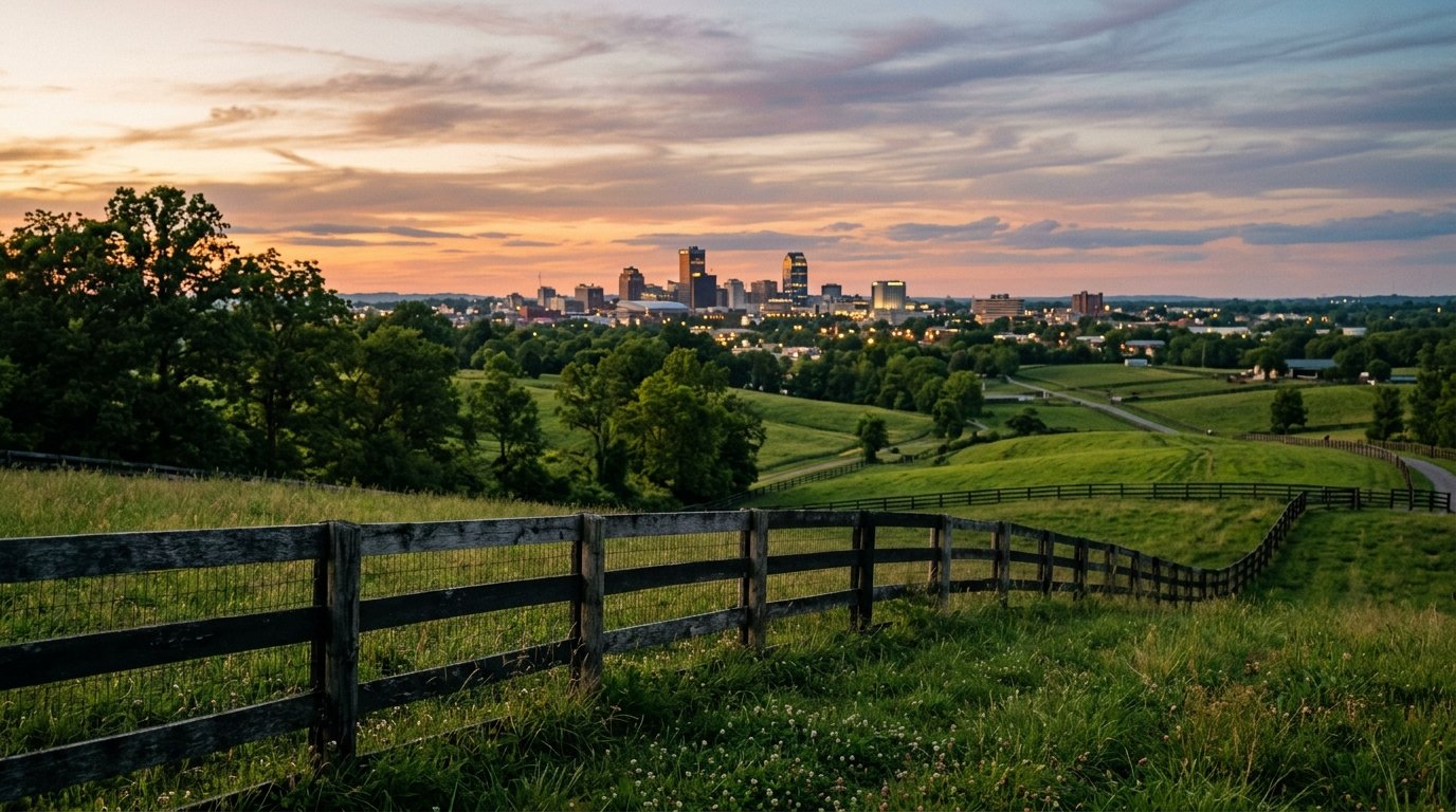 Lexington Kentucky skyline seen across bluegrass pasture