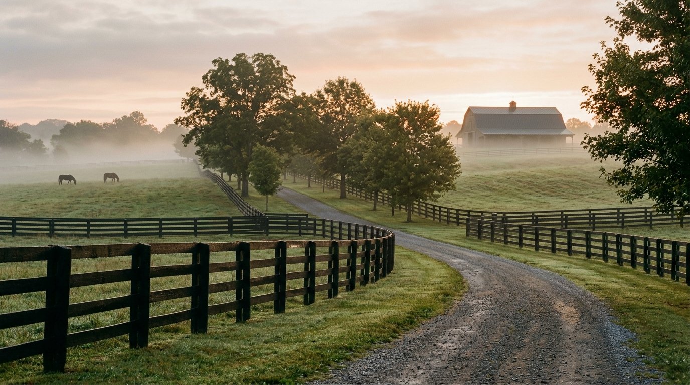 Misty Bluegrass paddocks with board fencing at sunrise