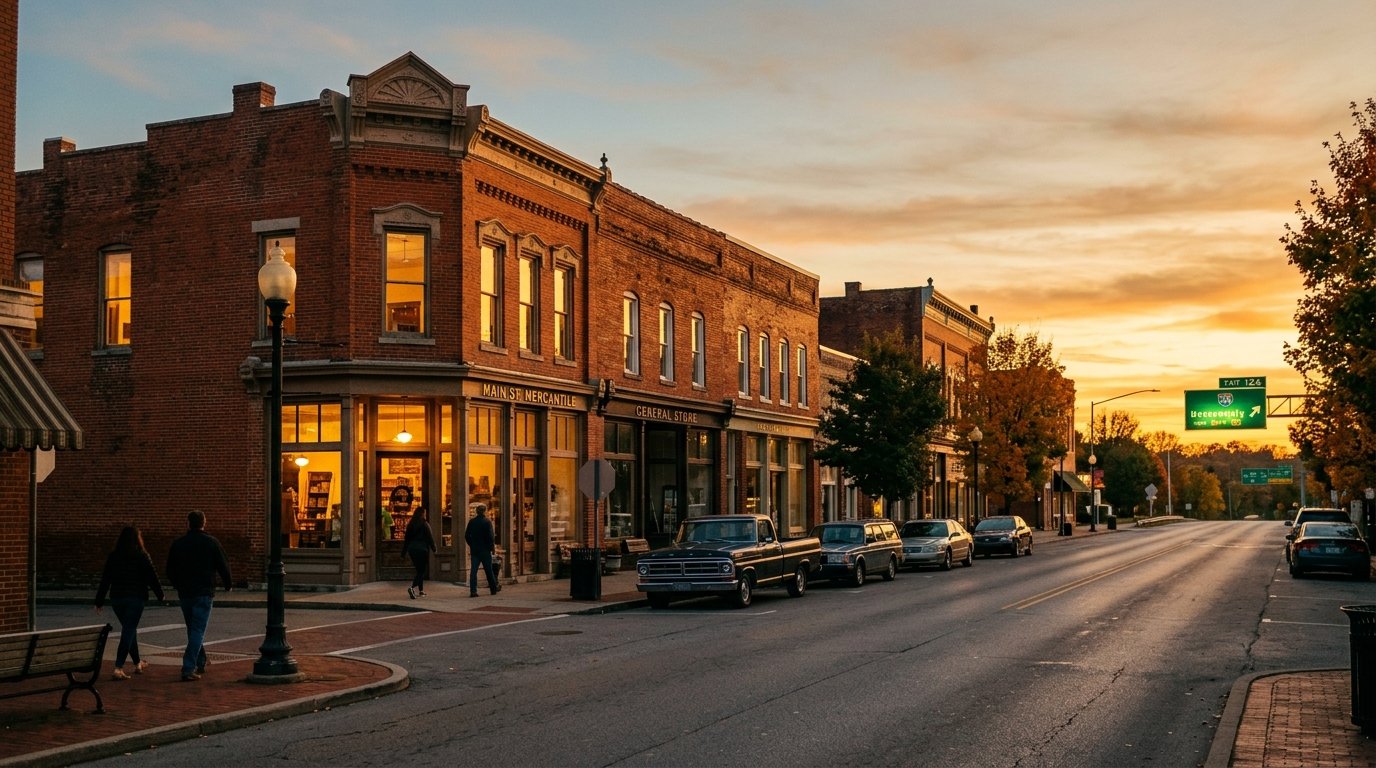 Small-town Kentucky retail storefronts at dusk