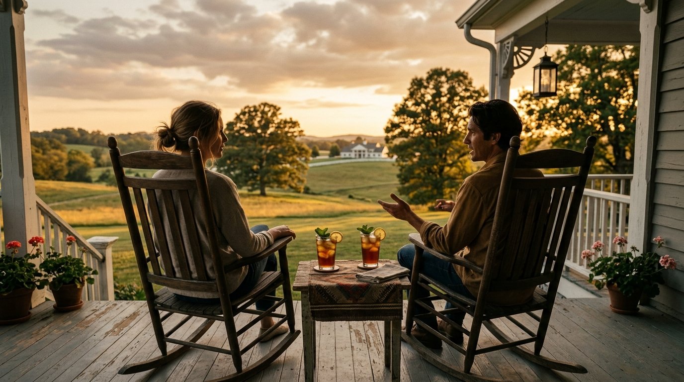 Porch rocking chairs at a Kentucky sunset