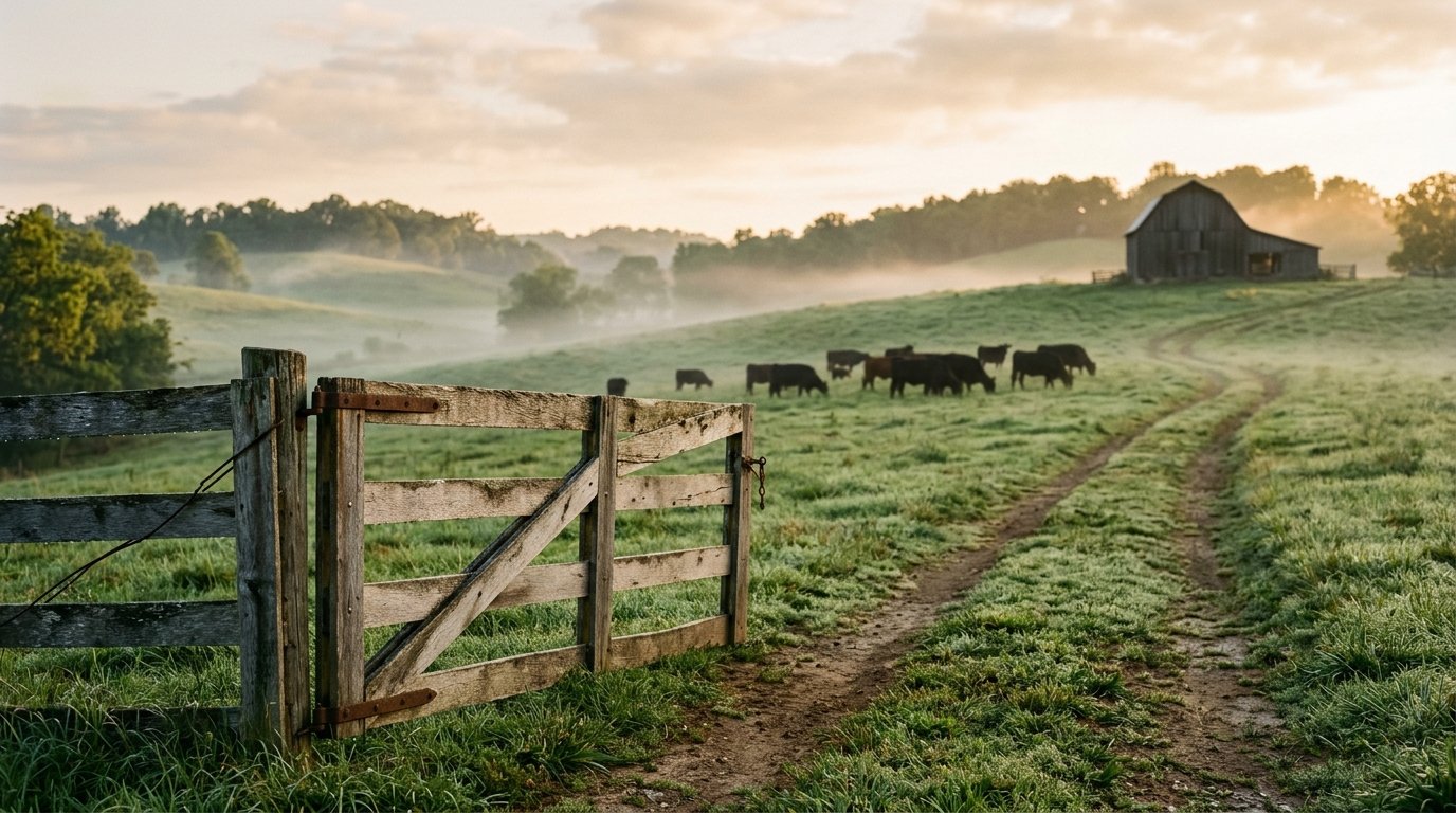 Farm gate opening onto Madison County pasture with cattle and a barn on the ridge