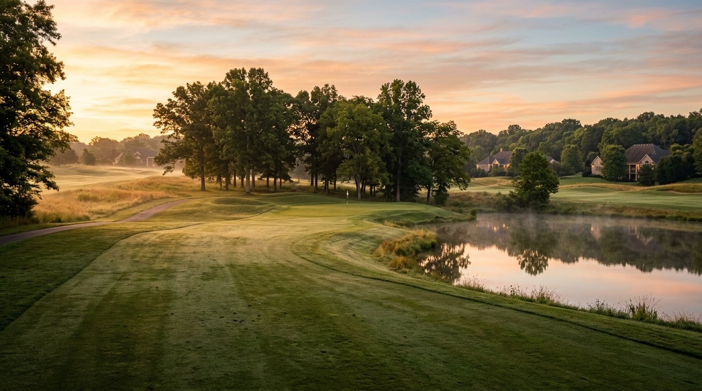 Sunrise mist over a Richmond golf fairway with home rooftops beyond the trees