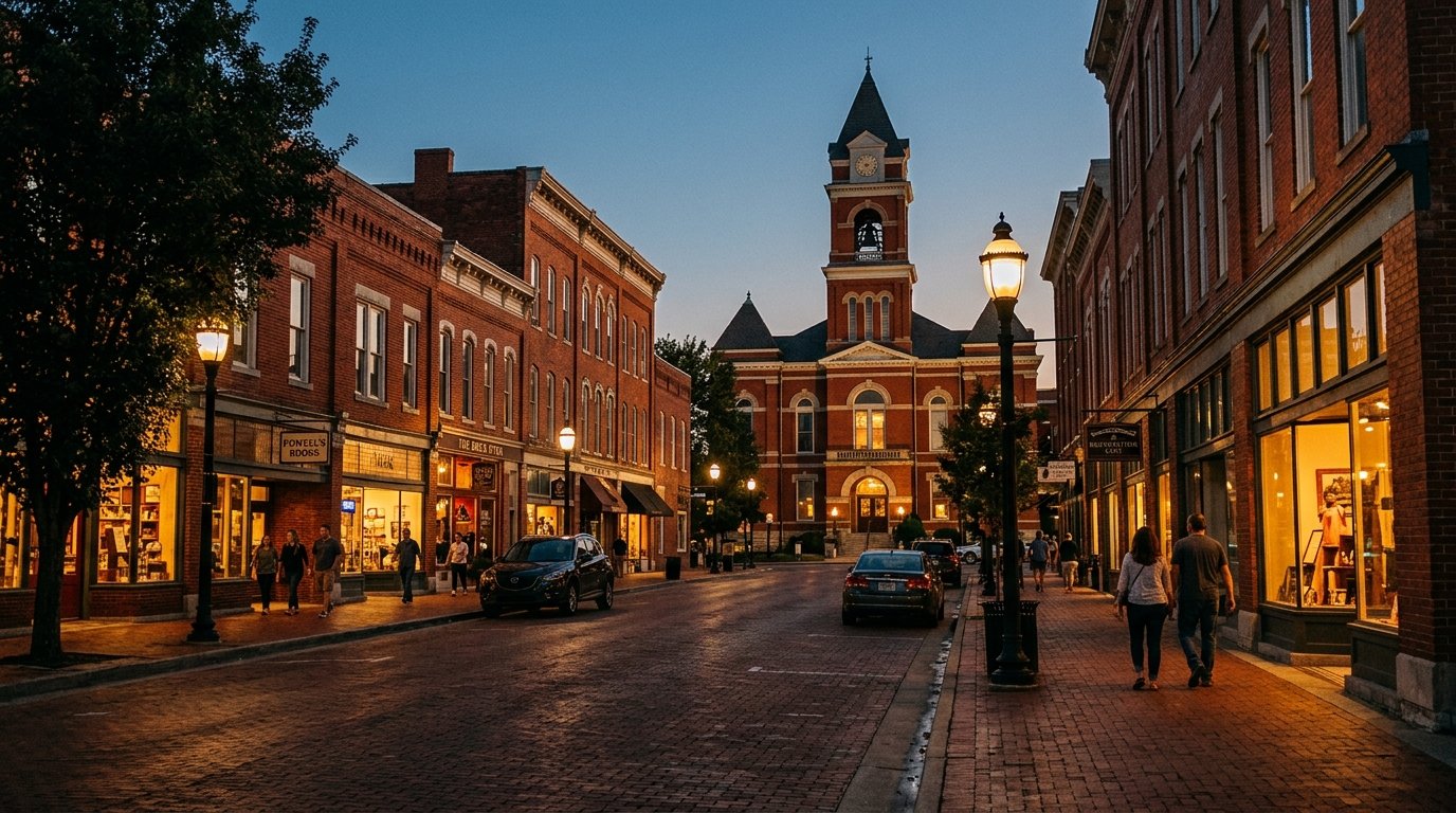 Richmond Kentucky historic courthouse and brick main street at dusk