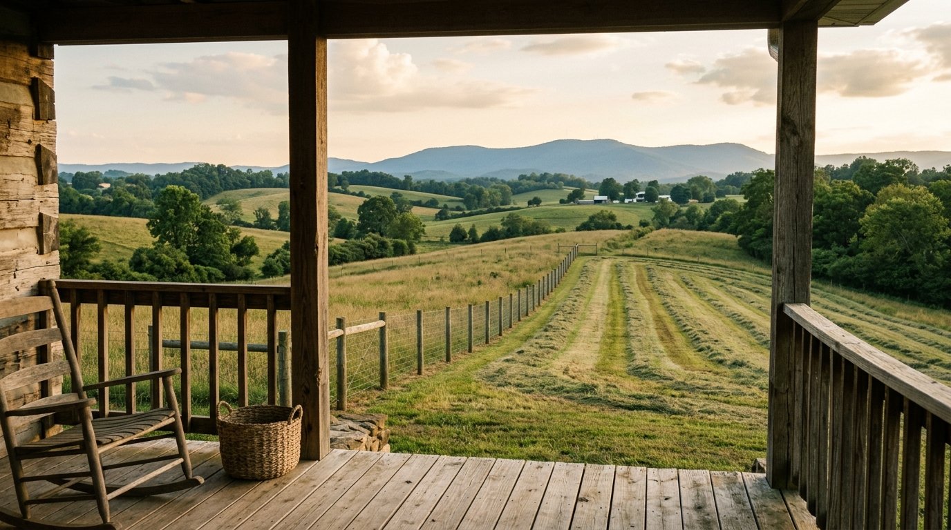 Porch view over rolling Madison County pasture toward the knobs