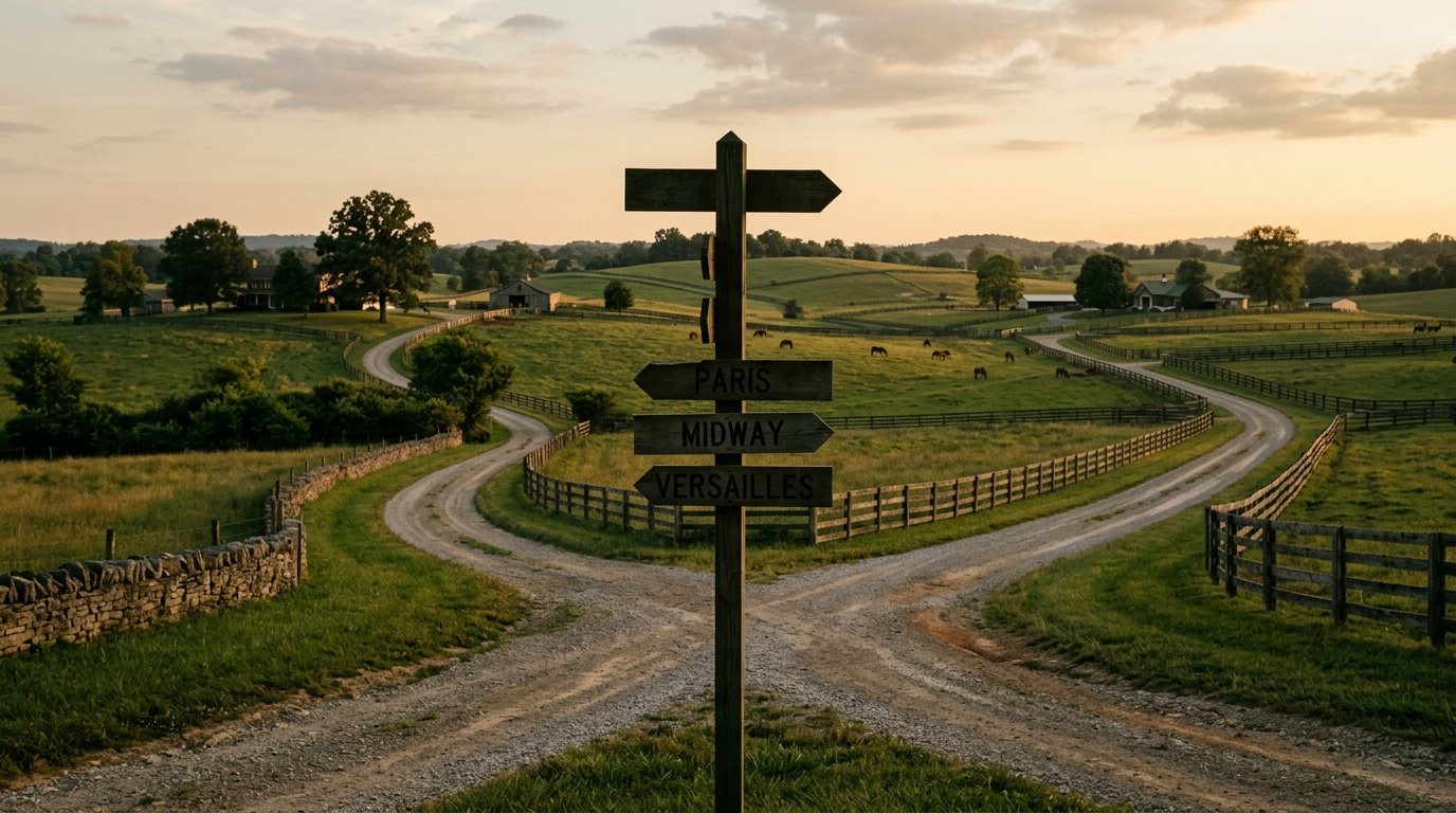 Three Kentucky roads diverging through farmland