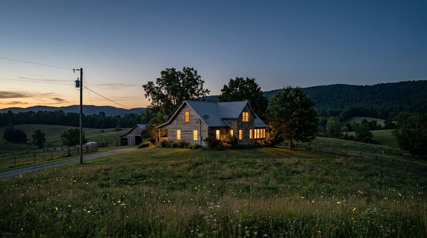 Ridgetop Kentucky homestead at dusk with power line and satellite dish
