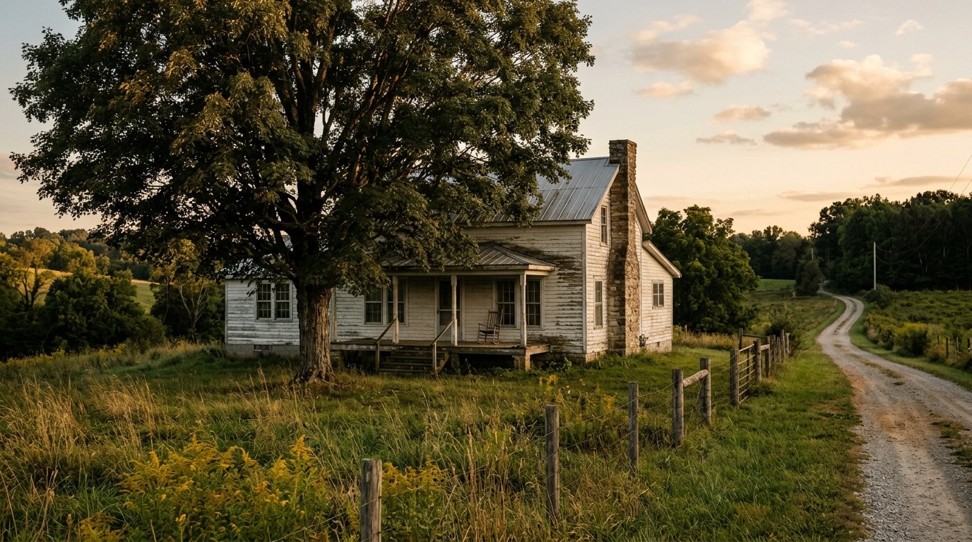 Weathered white Kentucky farmhouse with a big maple in late light