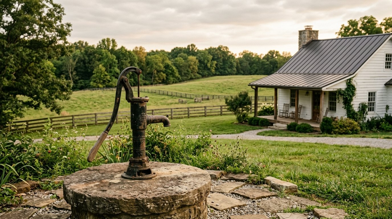 Cast-iron hand pump on a stone well cap in a Kentucky farmyard