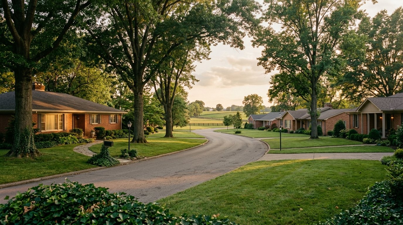 Mature tree-lined street of brick homes on Richmond’s south side with farmland beyond