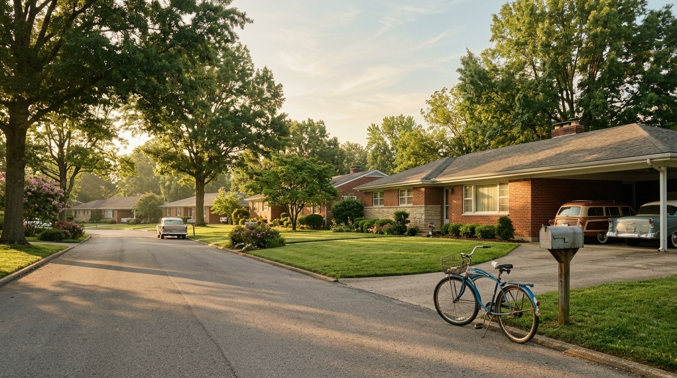 Mid-century ranch homes with wide lawns on a tree-shaded Southland street in Lexington
