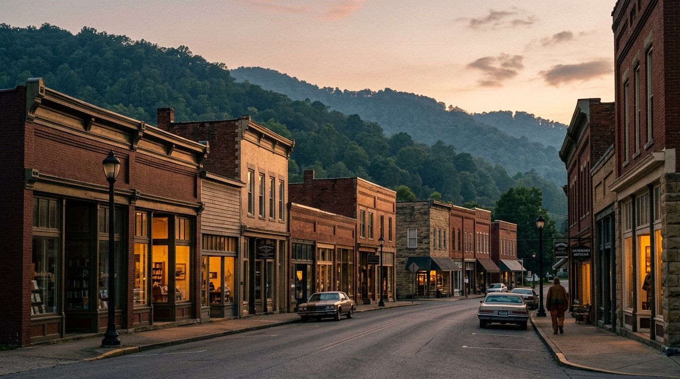 Kentucky mountain-gateway town street with forested ridge behind