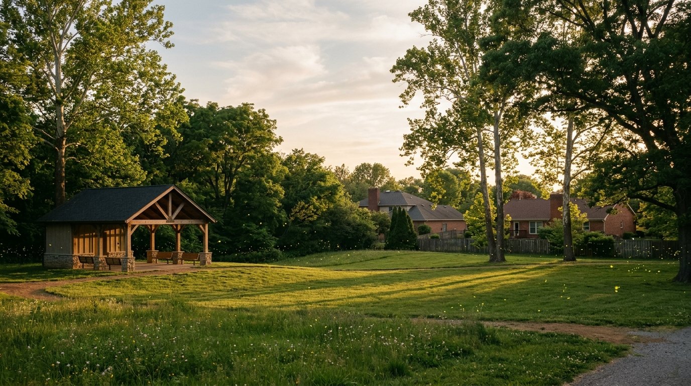 Neighborhood park ringed by mature trees and mid-century rooflines in south Lexington