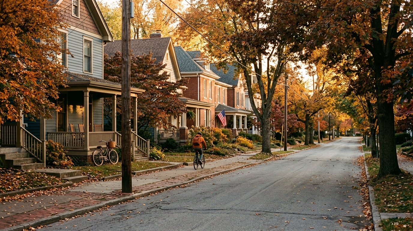 Walkable college-town rental street near campus