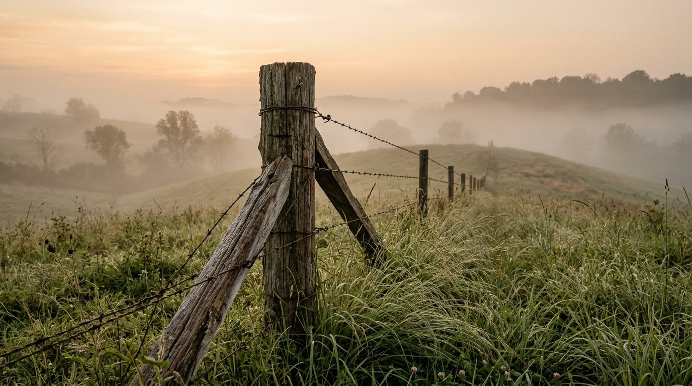 Weathered corner fence post on a misty Kentucky ridgeline at dawn