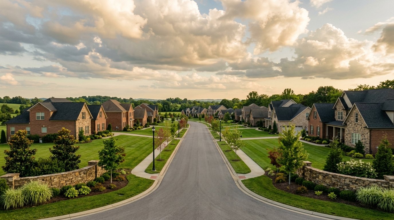 Landscaped boulevard of newer brick homes in an east Lexington planned community