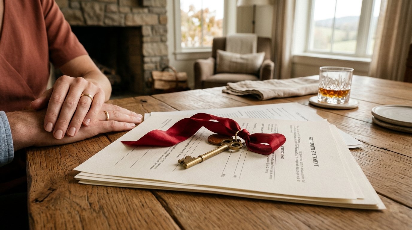 House keys with red ribbon on closing documents