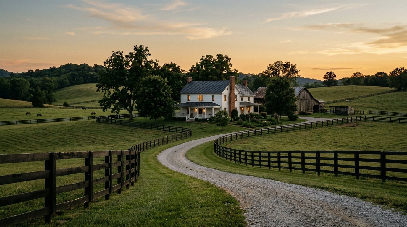 rural farmhouse with long driveway
