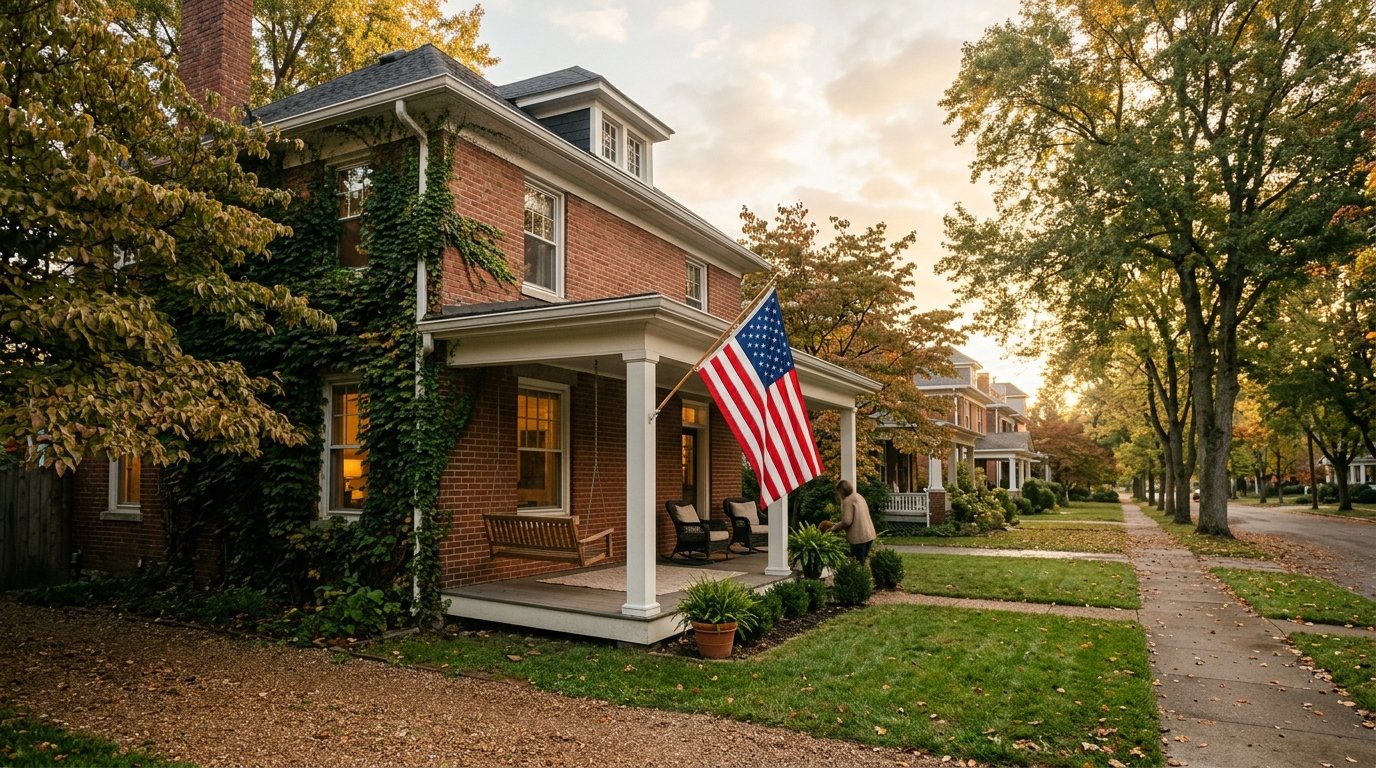 Front porch with flag, Madison County Kentucky neighborhood