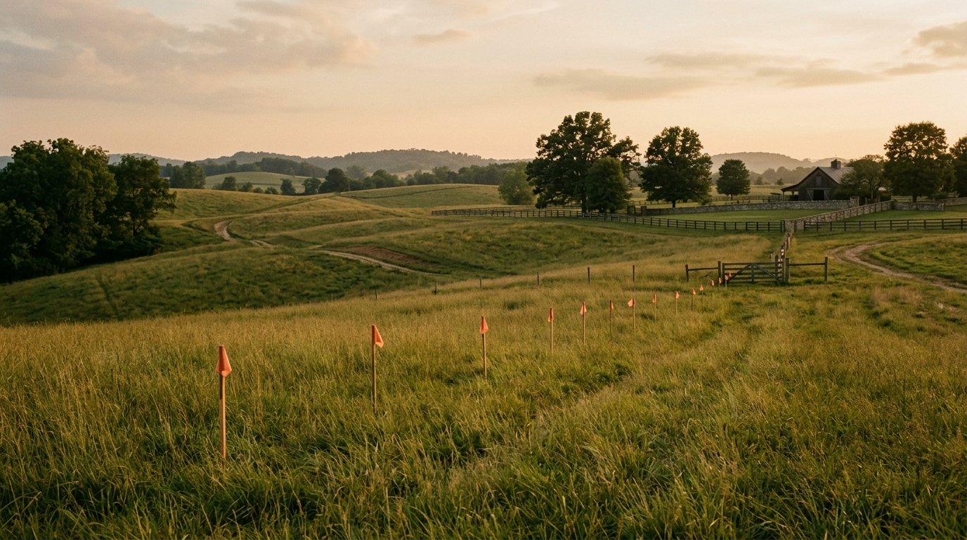 open Kentucky land with survey flags