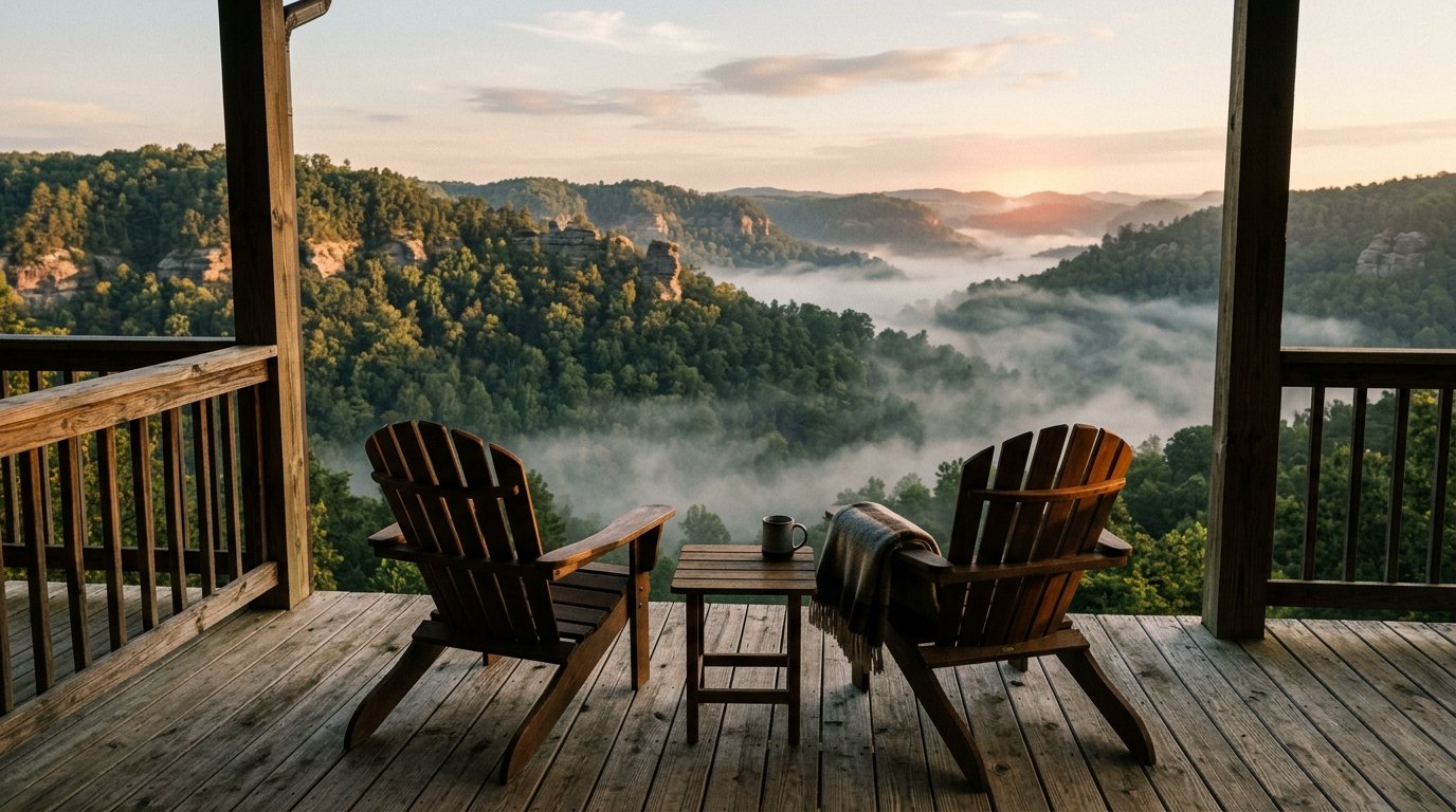 Cabin deck overlooking fog-filled Red River Gorge ridgelines at golden hour