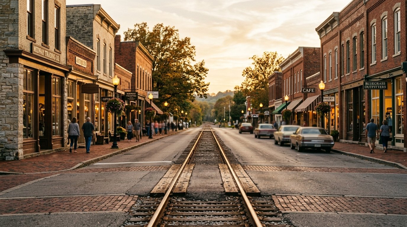 Midway Kentucky rail-split main street at golden hour