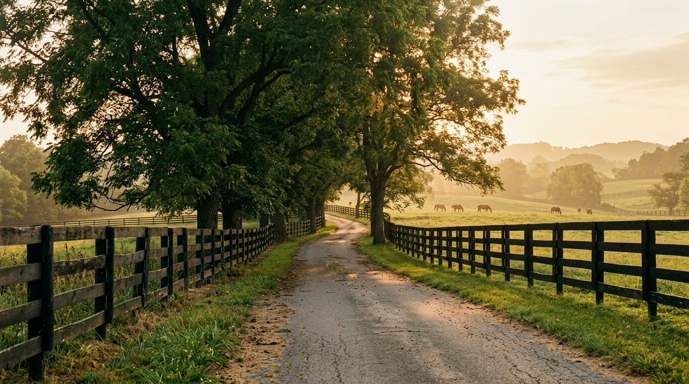 Plank-fenced country lane through bluegrass pasture southeast of Lexington