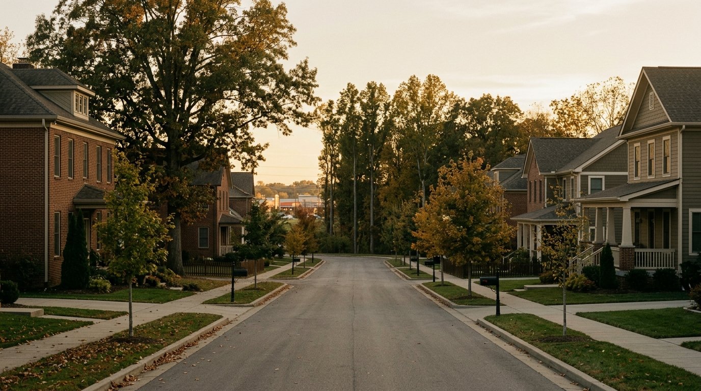 Golden hour on a west Richmond residential street with the bypass corridor beyond the trees