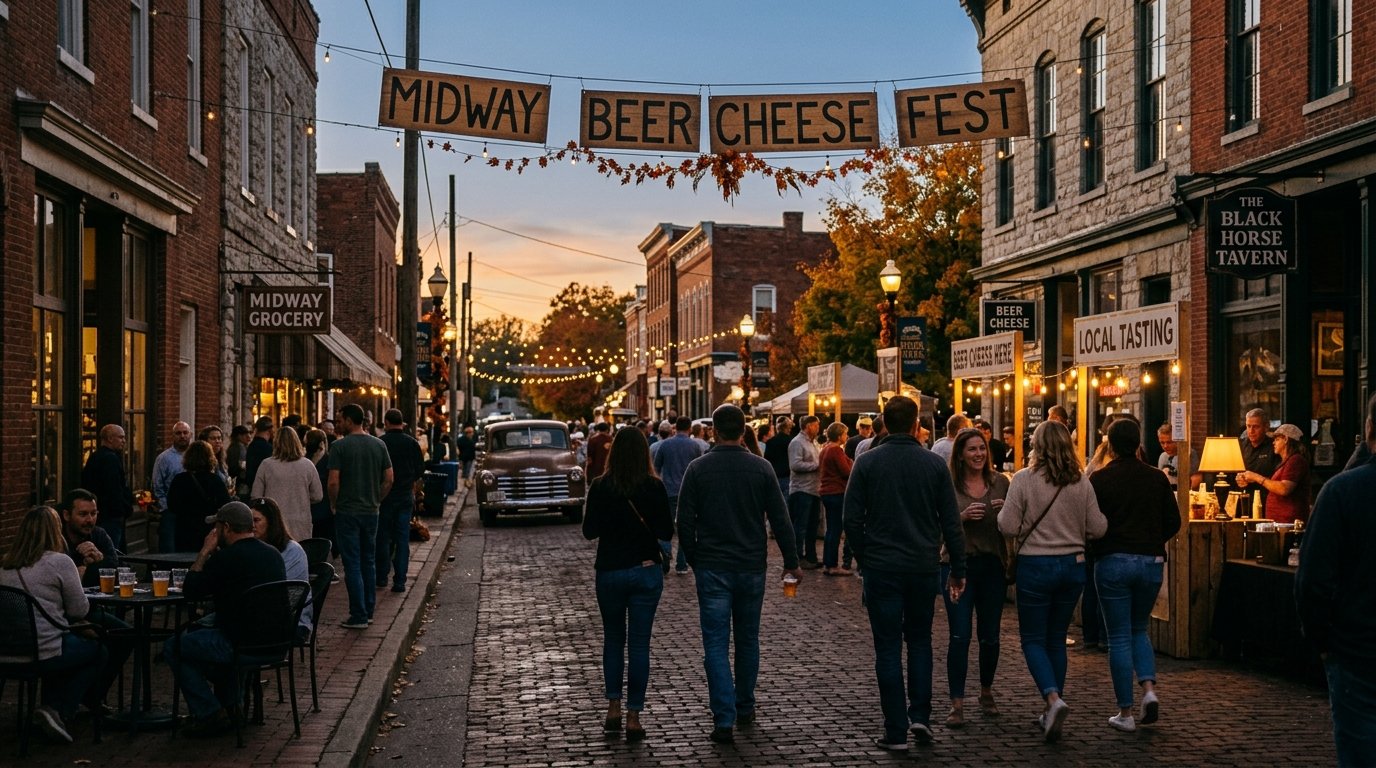 Historic small-city Kentucky main street with Beer Cheese festival-town character