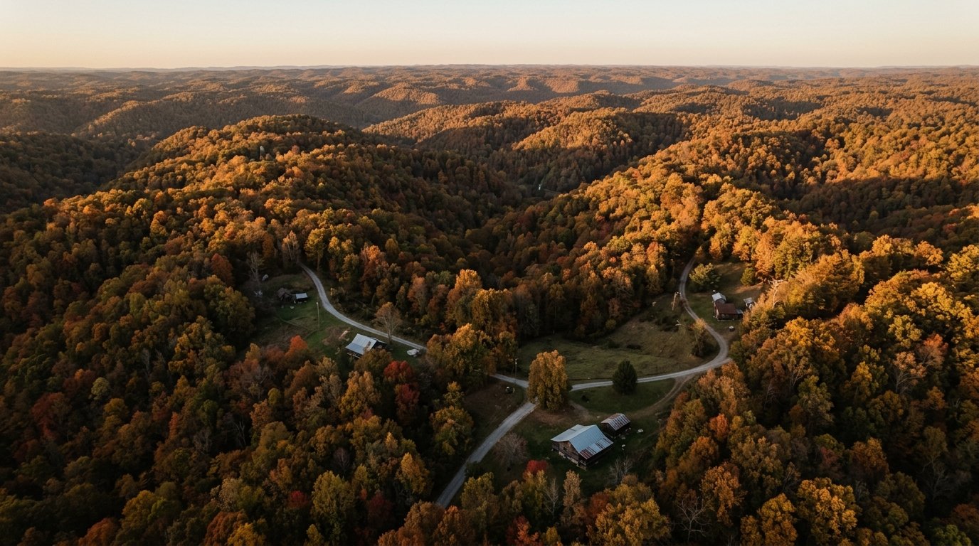 Aerial of Wolfe County Kentucky ridges with scattered cabins and gravel roads