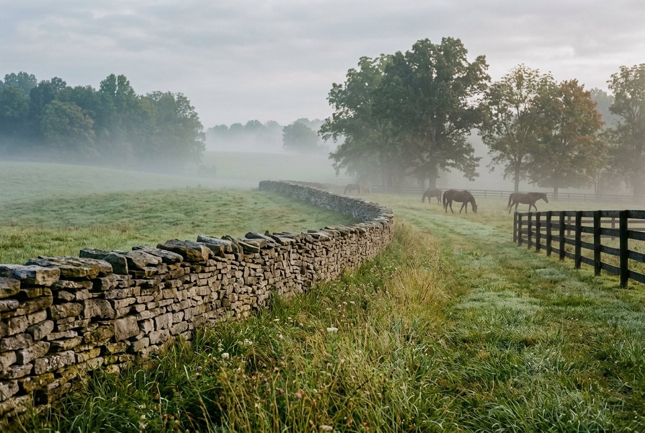 Stone fencing through Kentucky horse country