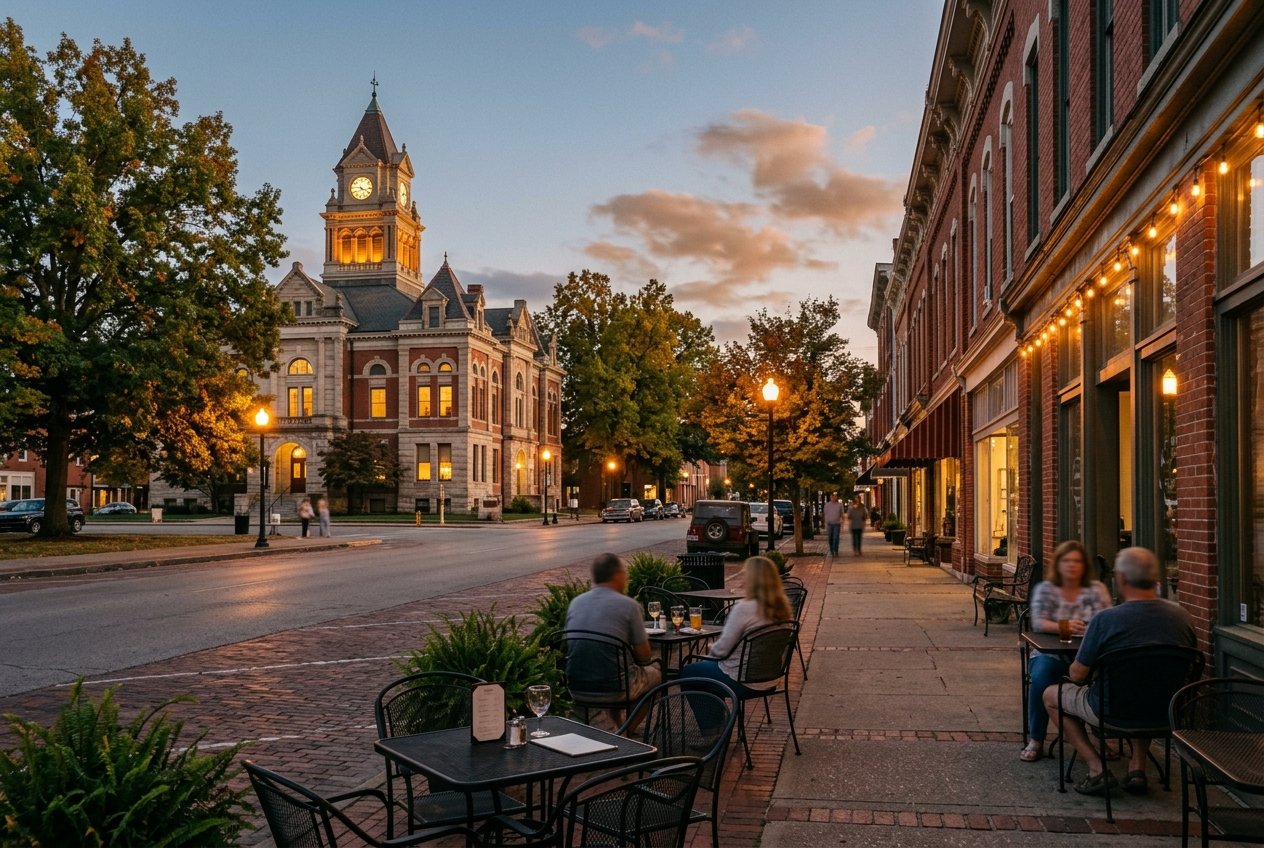 A Central Kentucky courthouse square at dusk